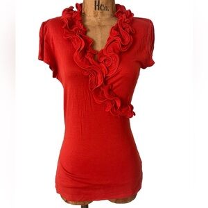 IZ Byer Ruffle Front Floral Tee Red/Orange M